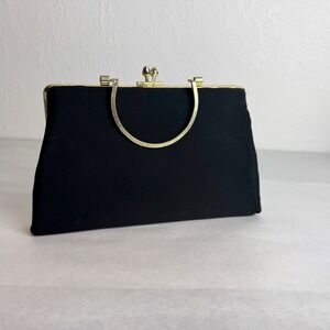 Vintage Black Satin Evening Clutch Bag Gold Retractable Handle Kiss Lock Formal
